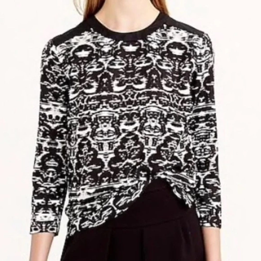 J.Crew Blurred Ikat Top black white polyester wool flannel trim rear zipper SZ 8